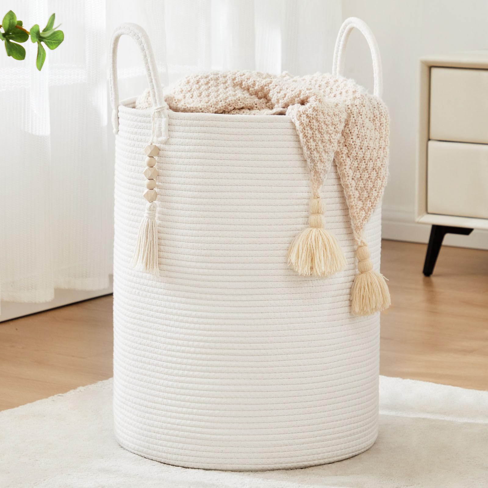 Photo 1 of Fiona's magic Woven Rope Laundry Hamper, Tall Laundry Basket for Blanket Storage, Large Dirty Clothes Hamper for Toys, Decorative Baby Nursery Hamper for Bedroom, Living Room - White, 58L