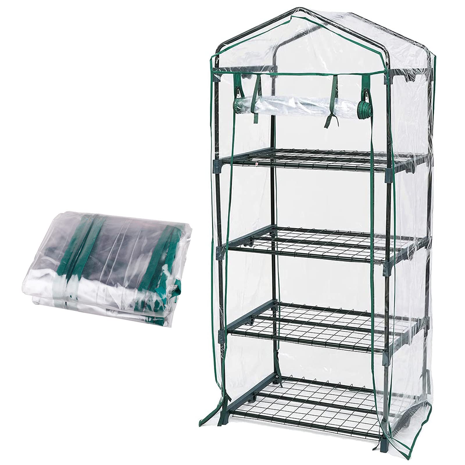 Kslogin 5 Tier Garden Greenhouse Cover (Cover ONLY), Mini Greenhouse Replacement Cover with Roll-Up Zipper Door, Reinforced PVC Plastic Cover Portable Gardening Plant Cover Garden Flower Shelter