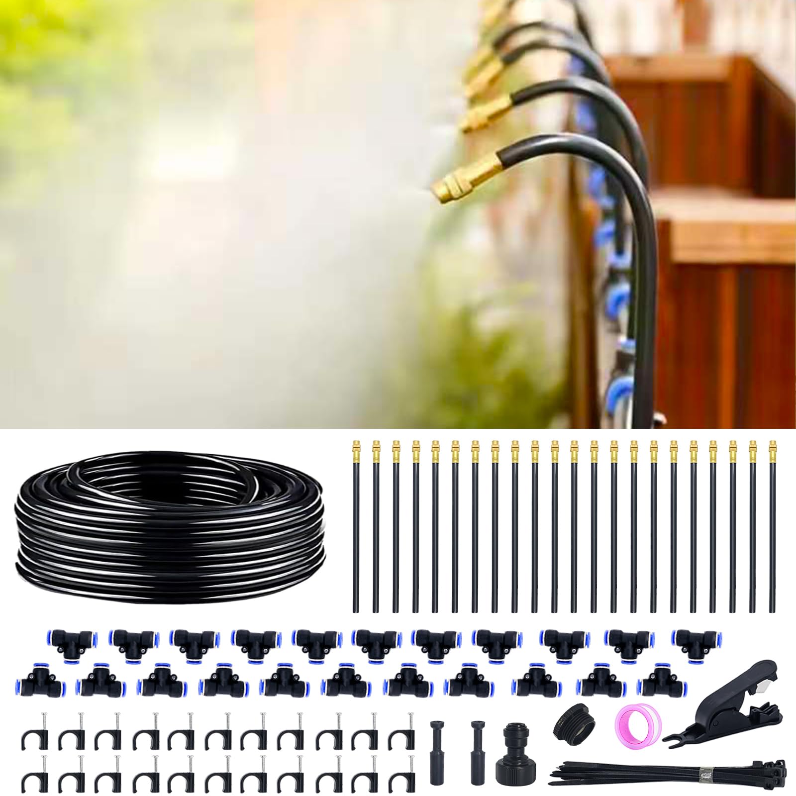 360° Adjustable Drip Irrigation System - 66FT Garden Watering System with 22 Nozzles, Garden Irrigation System, Greenhouse Accessories, Atomizing System for Yard, Lawn, Plants, 5/16 inch Tubing Image