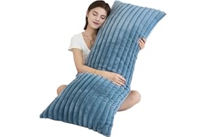 Memfydu Full Body Pillow with Fluffy Stripe Faux Fur Removable Cover, Long Bed Pillow Adult 20x54 Inches for Side Sleeper and Pregnancy, Dusty Blue.
