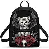 Snilety Rose Skull Backpack Purse for Women Goth Cat Mini Backpack with Front Pocket Canvas Lightweight Daypack for Office School Outfits