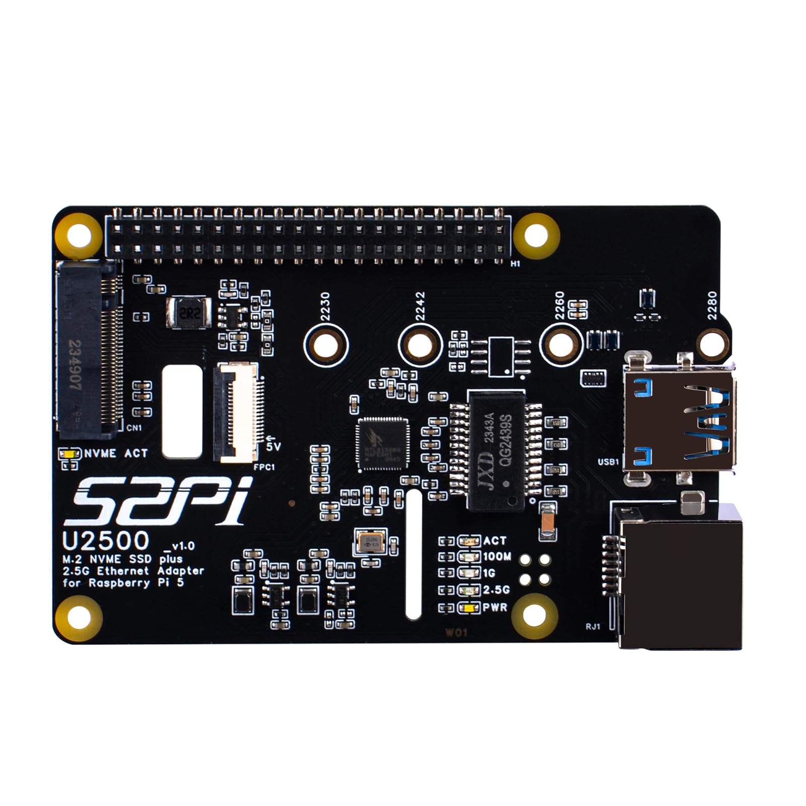 GeeekPi M.2 NVMe SSD Plus 2.5G Adaptador Ethernet para Raspberry Pi 5, W01 U2500 Hat con expansión NVMe SSD, puerto de red USB 2.5G, encabezado GPIO, soporte M.2 NVMe M-Key 2230/2242/2260/2280 SSD