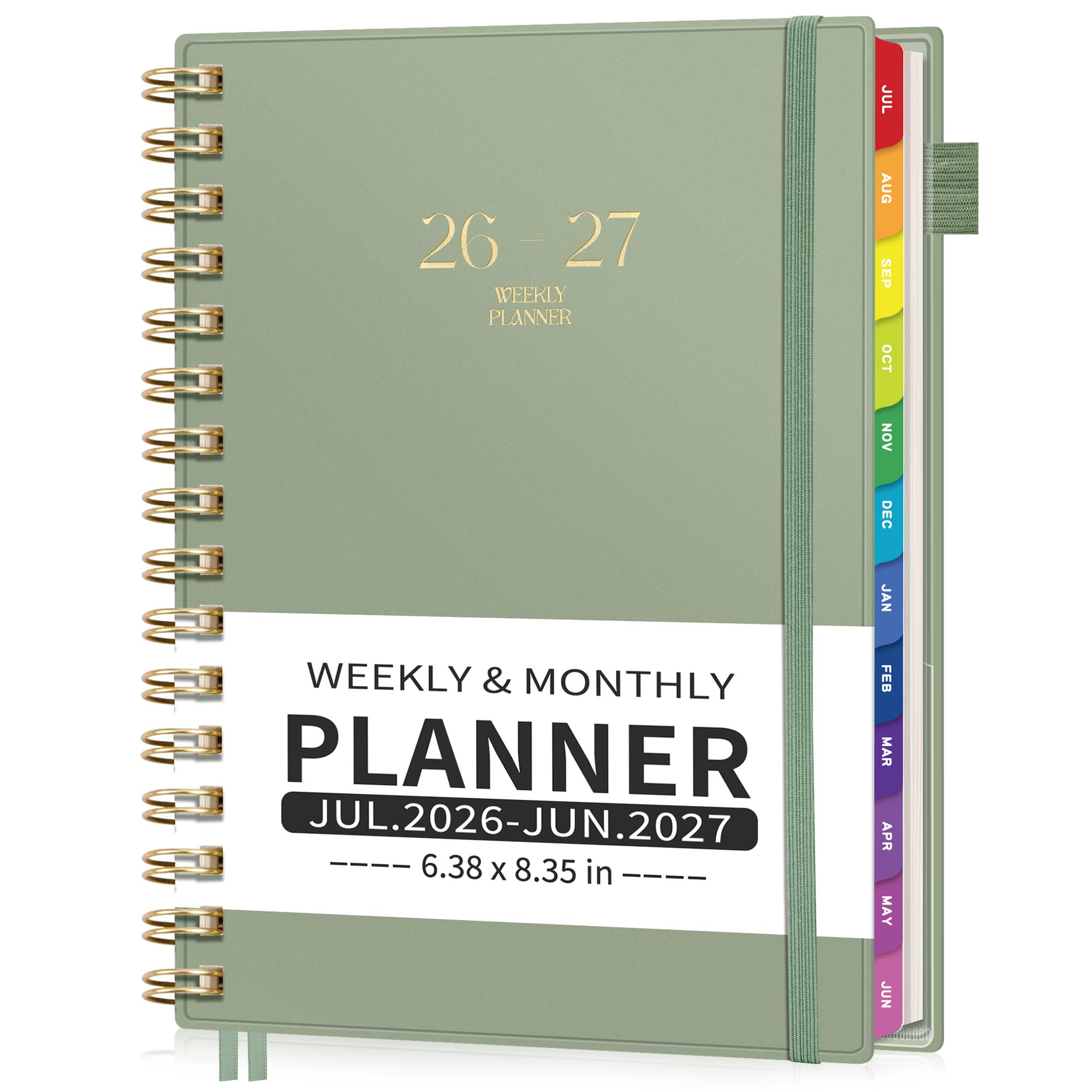 Photo 1 of EMSHOI Academic Planner 2026-2027, Weekly and Monthly Calendar (July 2026 - June 2027), School Student Teacher Agenda Book, 100GSM Paper, PVC Cover, Colorful Tabs, A5 (6.38" x 8.35"), Light Green