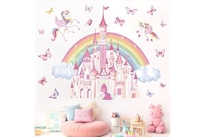 wondever Rainbow Castle Wall Stickers Fairy Tale Unicorn Butterfly Peel and Stick Wall Art Decals for Baby Nursery Girls Bedroom Toddler Room