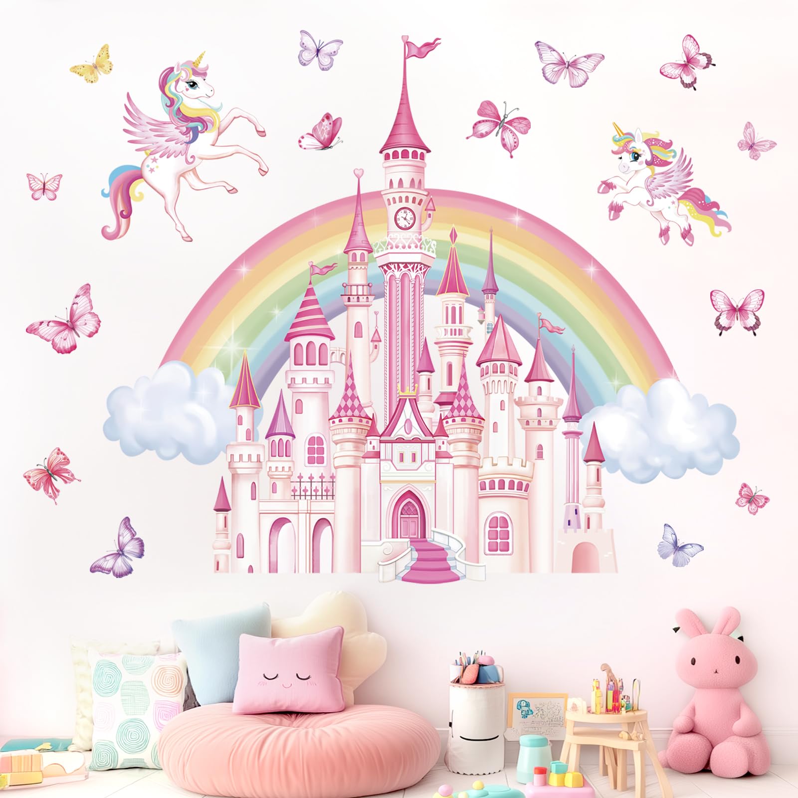 wondever Rainbow Castle Wall Stickers Fairy Tale Unicorn Butterfly Peel and Stick Wall Art Decals for Baby Nursery Girls Bedroom Toddler Room
