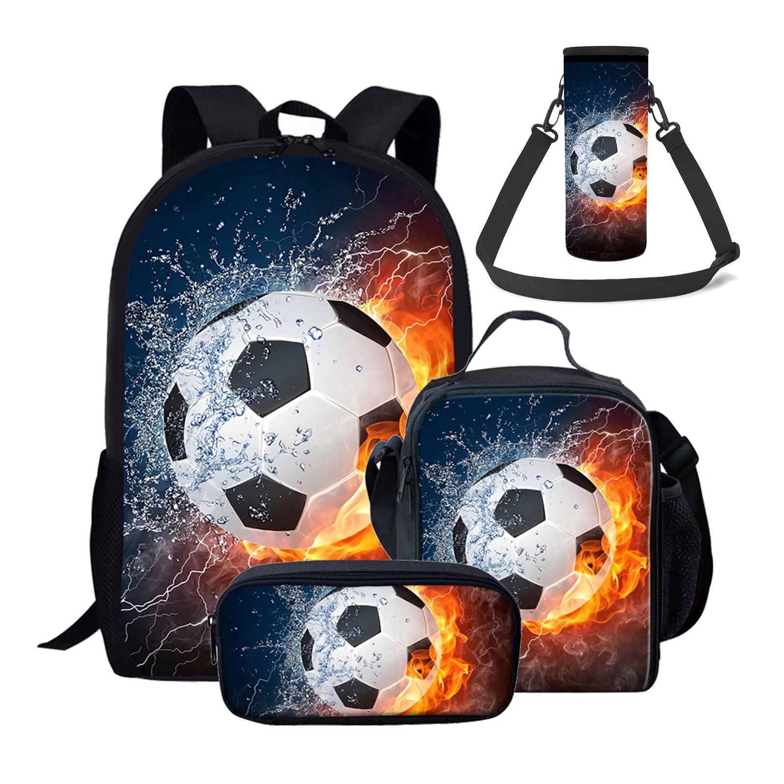 chaqlin 3D Fire Sport Football Printed Travel Rucksack Set of 4 Pieces,Boys Girls School Backpack,Pencil Case,Water Bottle Carrier Covers,Lunch Bags for School Work Office Picnic — image 1