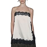 Women Satin Lace Trim Spaghetti Cami Tops Y2k Strap Side Split Asymmetrical Cami Top Loose Silky Going Out Shirts