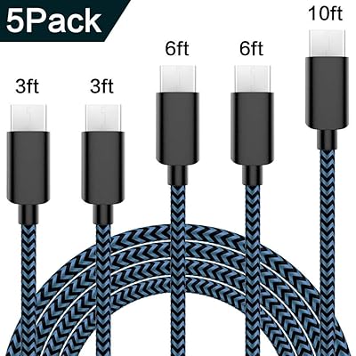 USB Type C Cable 5Pack (3/3/6/6/10FT) Nylon Braided USB C Cable Fast Charger Charging Cord Compatible Samsung Galaxy S9 S8 Note 9 Note 8 Plus,LG V30 G6 G5 V20,Google Pixel, Moto Z2 and More