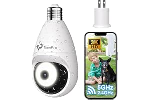 TKENPRO 3K Light Bulb Security Cameras Wireless Outdoor, IP65 Waterproof Cameras for Home Security with 2.4G&5G Connection, Full-Color Night Vision and 360° Motion Detection, 5MP Security Camera Outdoor