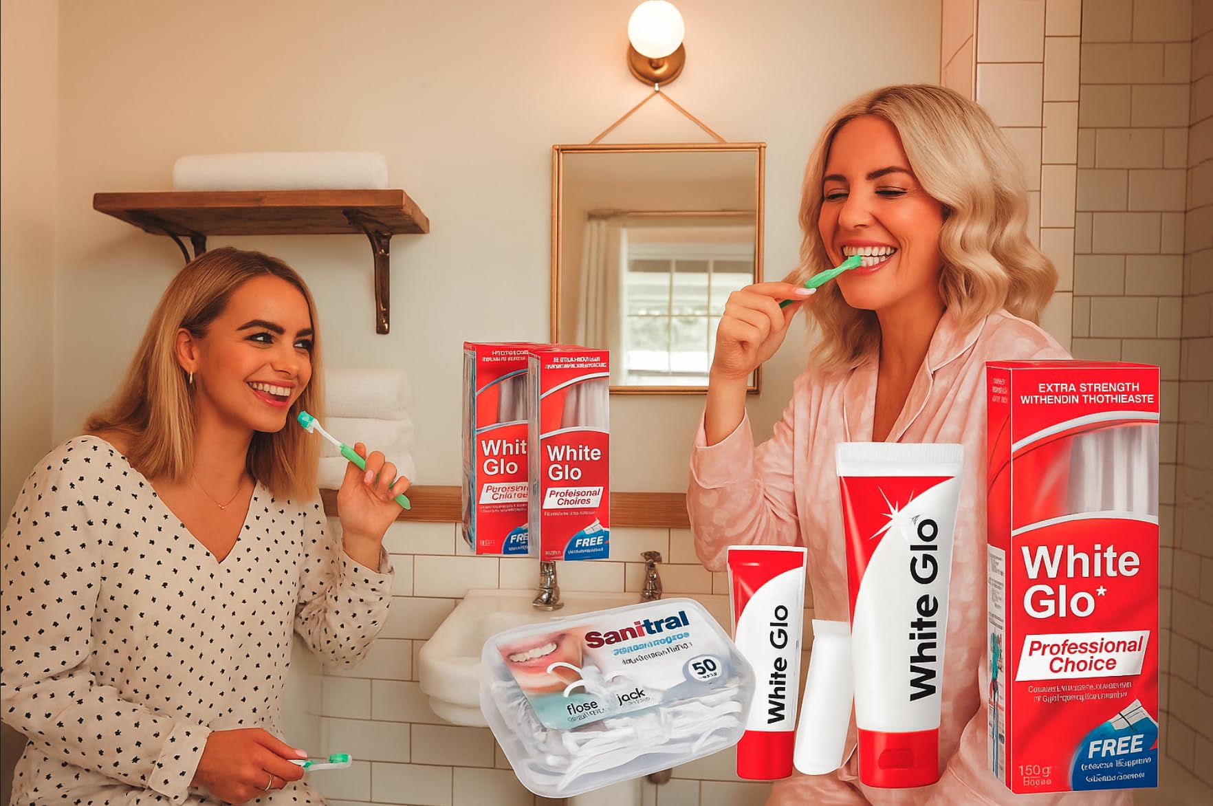 White Glo Extra Strength Whitening Toothpaste Professional Choice 100ml - 2 Packs with Sanitral 50 Pcs Dental Floss Stick Included as a Gift