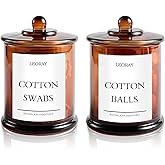 LEORAY 2 Pack Glass Qtip Holder Dispenser with Lids, Airtight Waterproof, 16 Oz Vanity Organizer Bathroom Canisters for Cotton Swabs, Balls, Pads, Floss Picks, Restroom Kitchen Storage Jars, Amber