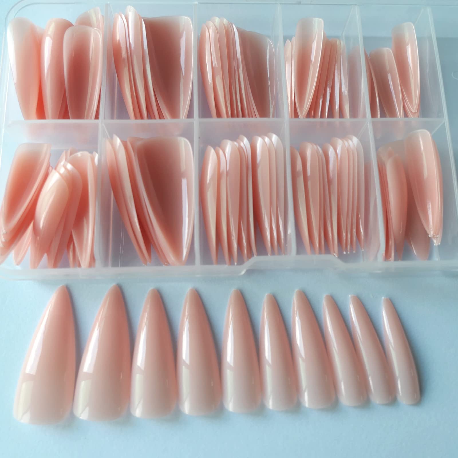 Extra Long Stiletto Glossy Fake Nail 100 PCS Full Cover Acrylic Press on Nails Art Tips False Nail for Beginner Women and Girls Manicure (Nude) - Image 4