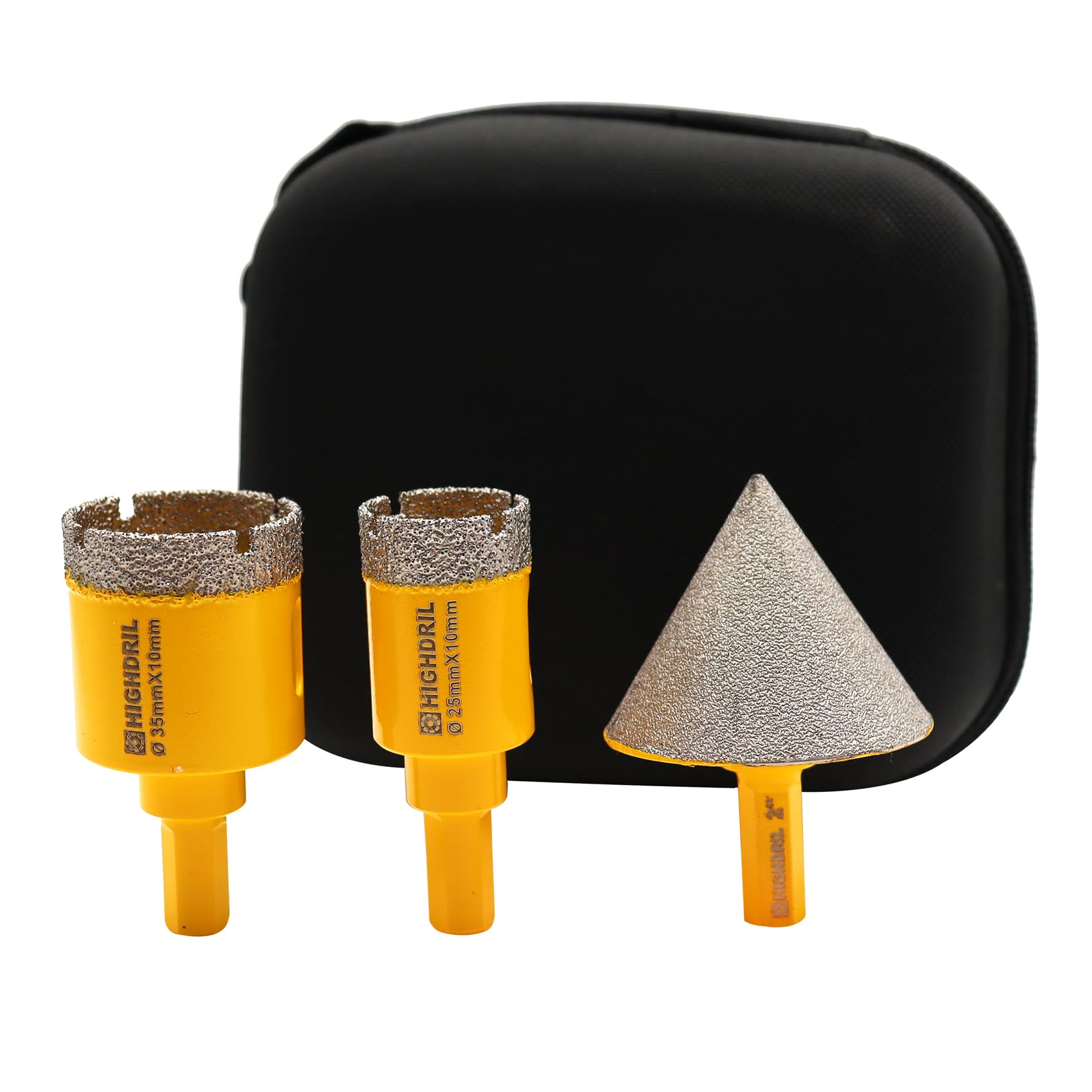 HIGHDRIL Diamond Hole Saw Kit - (25mm Drill Bit+35mm Drill Bit+50mm Chamfer Bit) Diamond Core Drill Bit Set for Porcelain Ceramic Granite Marble Hard Materials (Triangular shank)