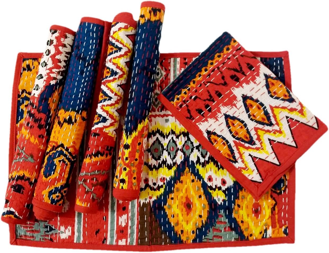 Agasvi Cotton Red Ikat Kantha Embroidered Set of 6Pcs Placemats 19x13 Inch