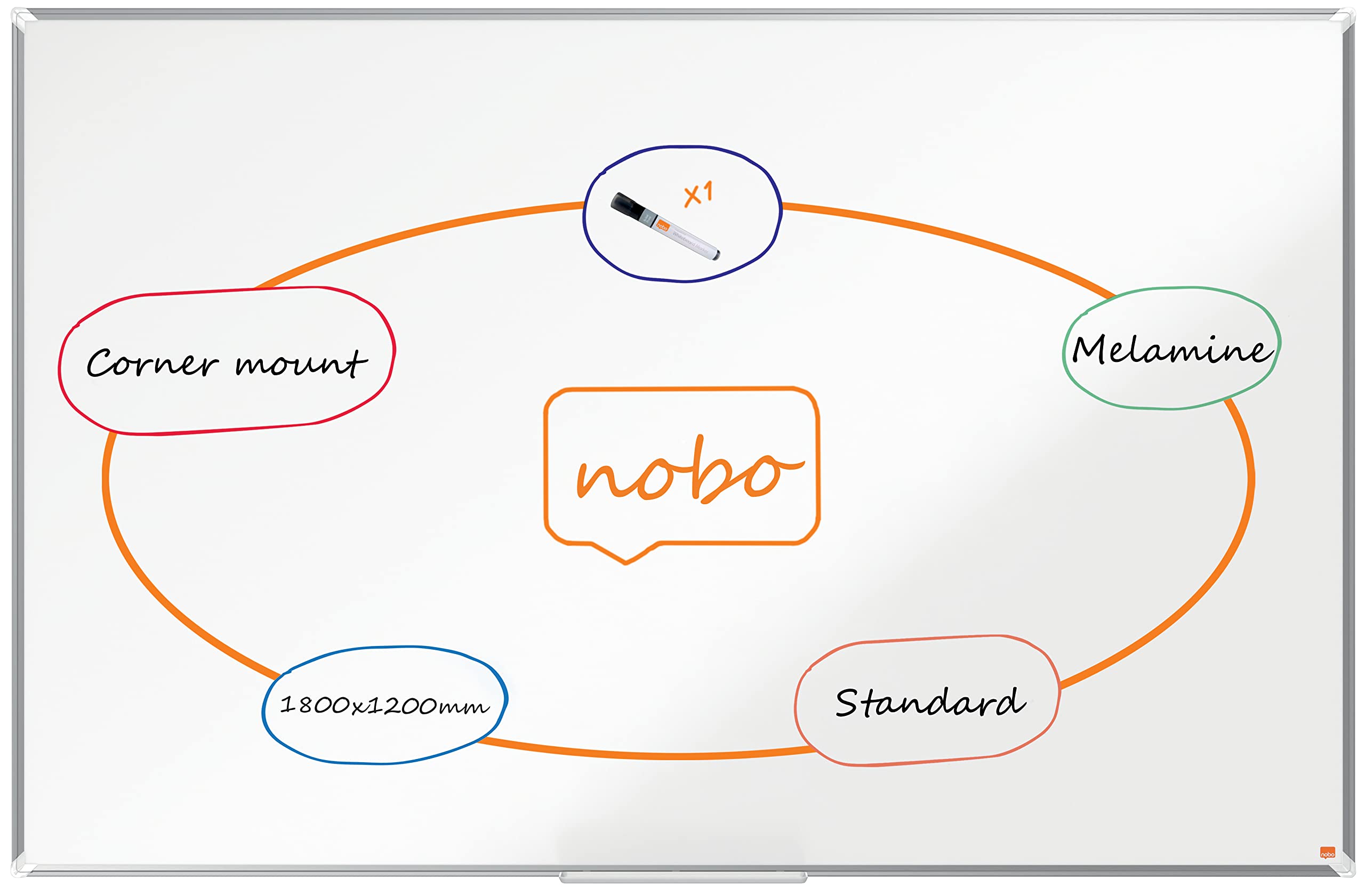 Nobo Melamine Whiteboard, Non-Magnetic, 1800 x 1200mm, Aluminium Trim, Corner Wall Mounting, Includes Whiteboard Pen, Premium Plus, 180 x 120cm, White, 1915171