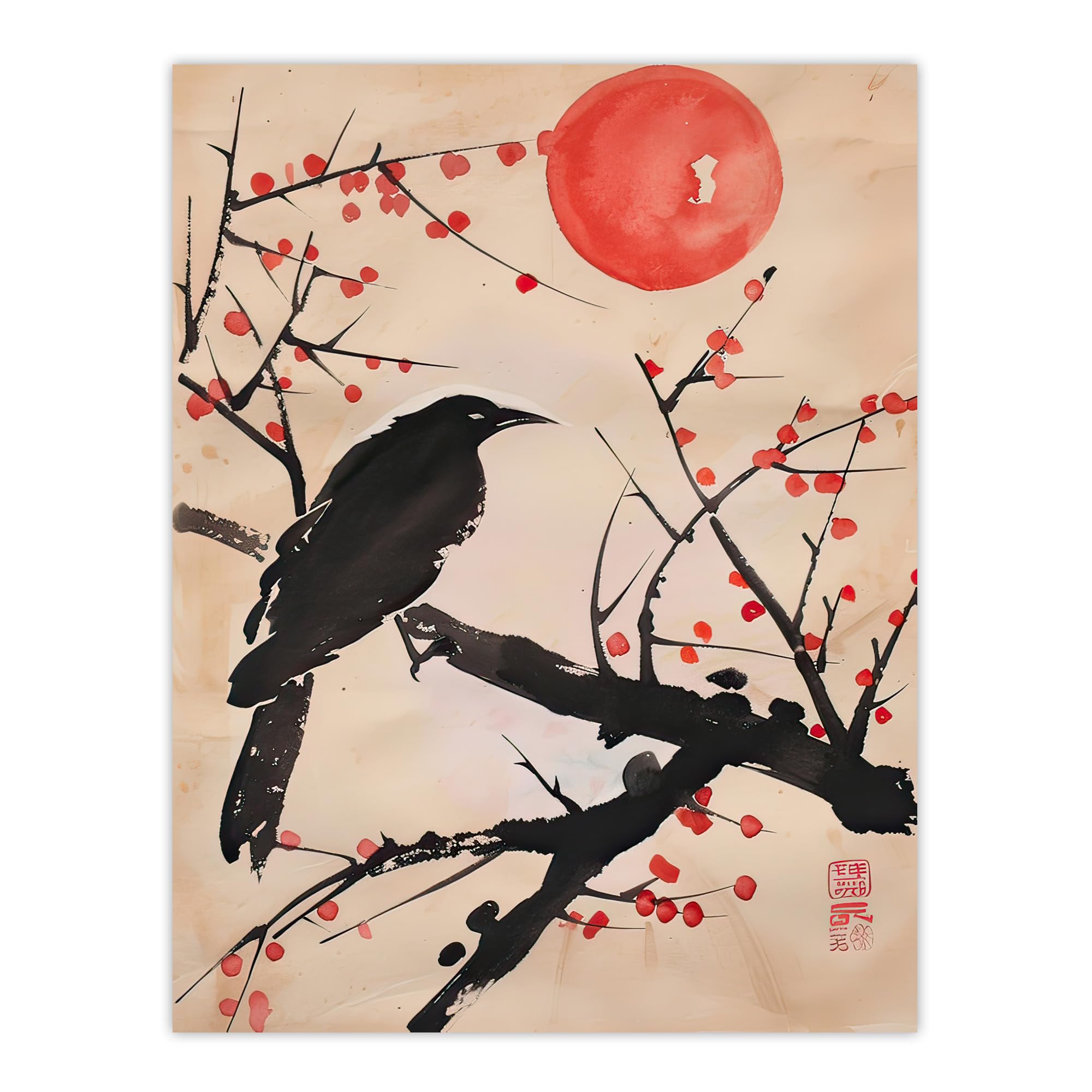 Artery8 Raven on Berry Tree Winter Sun Japanese Painting Living Room Extra Large XL Wall Art Poster Print