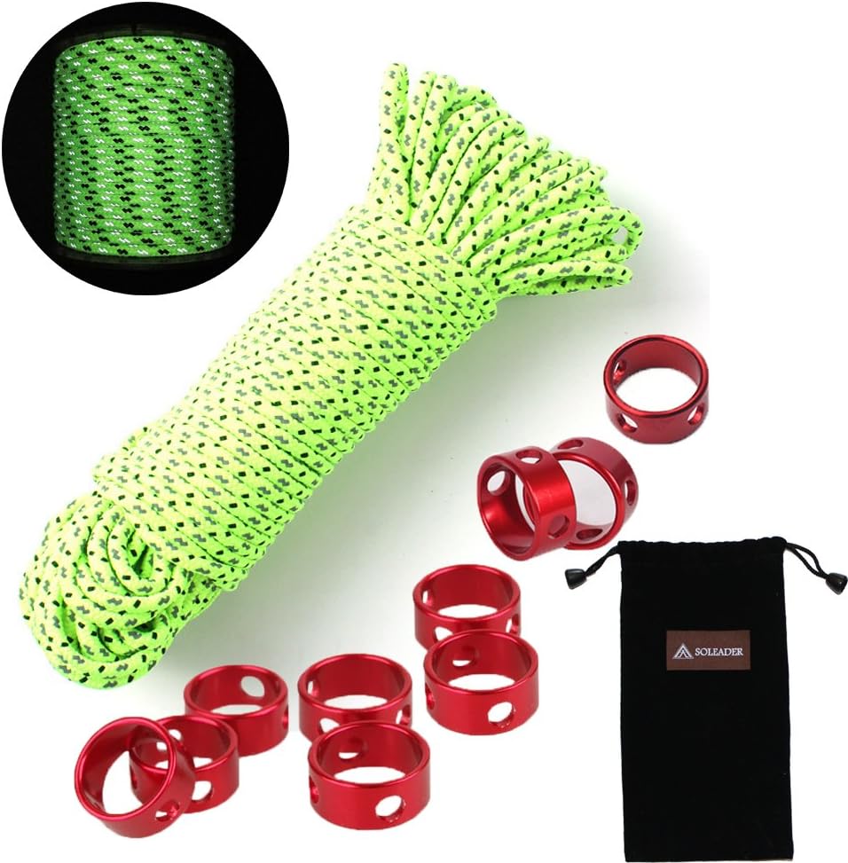 SOLEADER Camping Tent Accessories Kit 4MM Reflective Guyliner 20M Tent Guyline Cord Adjuster Runner 10 PC