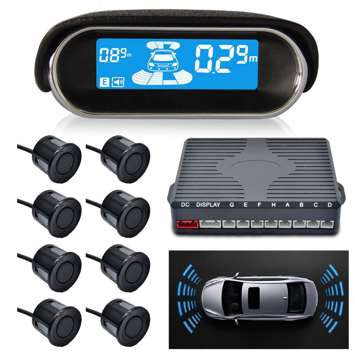 Sunwan N8P4L Dual-Core Car Parking Sensor, Front and Rear View with LCD Display, Reverse Radar System, 4 Voice, Switchable with 8 Black Sensors