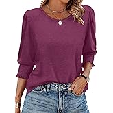Womens 3/4 Sleeve Tops Loose Fit Round Neck Shirts Casual Solid Color Blouses