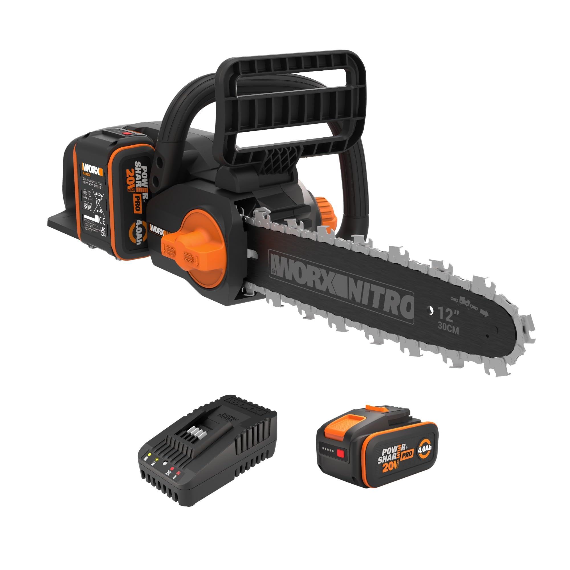 Worx Nitro - Tronçonneuse Brushless Sans Fil - 20V - 4Ah - Wg350E (Livrée Avec Batterie Et Chargeur, Coupe 30 Cm, Vitesse 10M/S, Autolubrification Et Tension Auto, Capot De Protection Et Chaine)