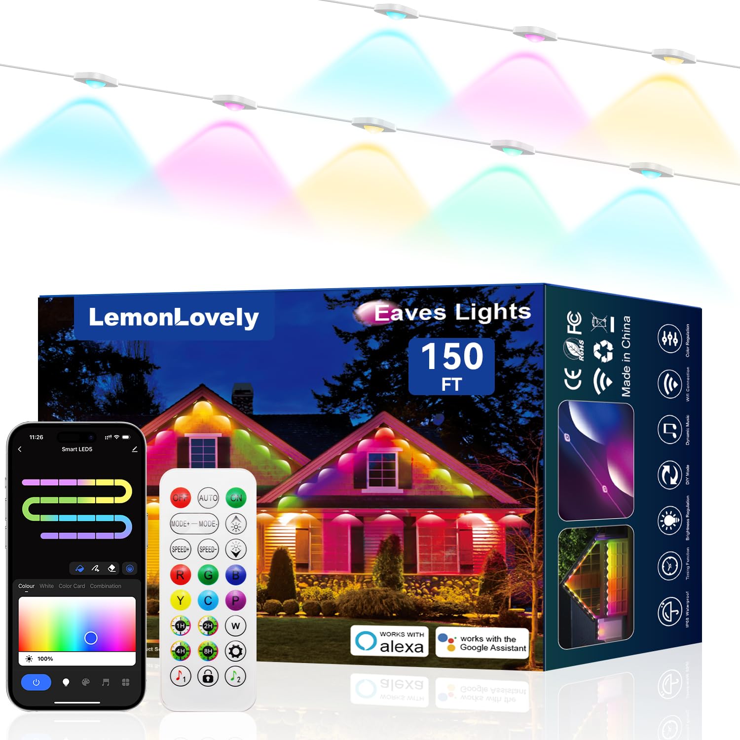 Photo 1 of lemonlovely Permanent Outdoor Lights -Smart Eave Lights for House150ft with 108 LED,RGB+IC IP67 Waterproof Eternity Lighting for Daily Decor, Work with Remote, APP, Alexa, Google Assistant