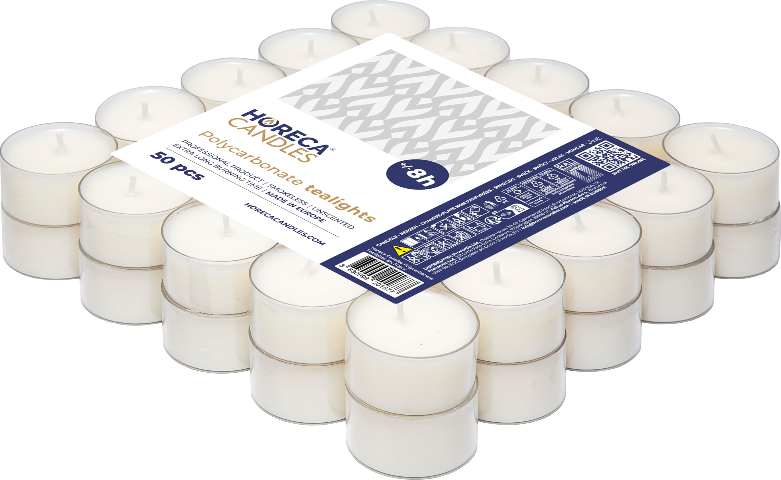 Horeca Candles - Tea Light Candles in Clear Cup 50 Pack - 8 Hours Burn Time -White Wax - Smokeless, Dripless, Unscented Candles Bulk