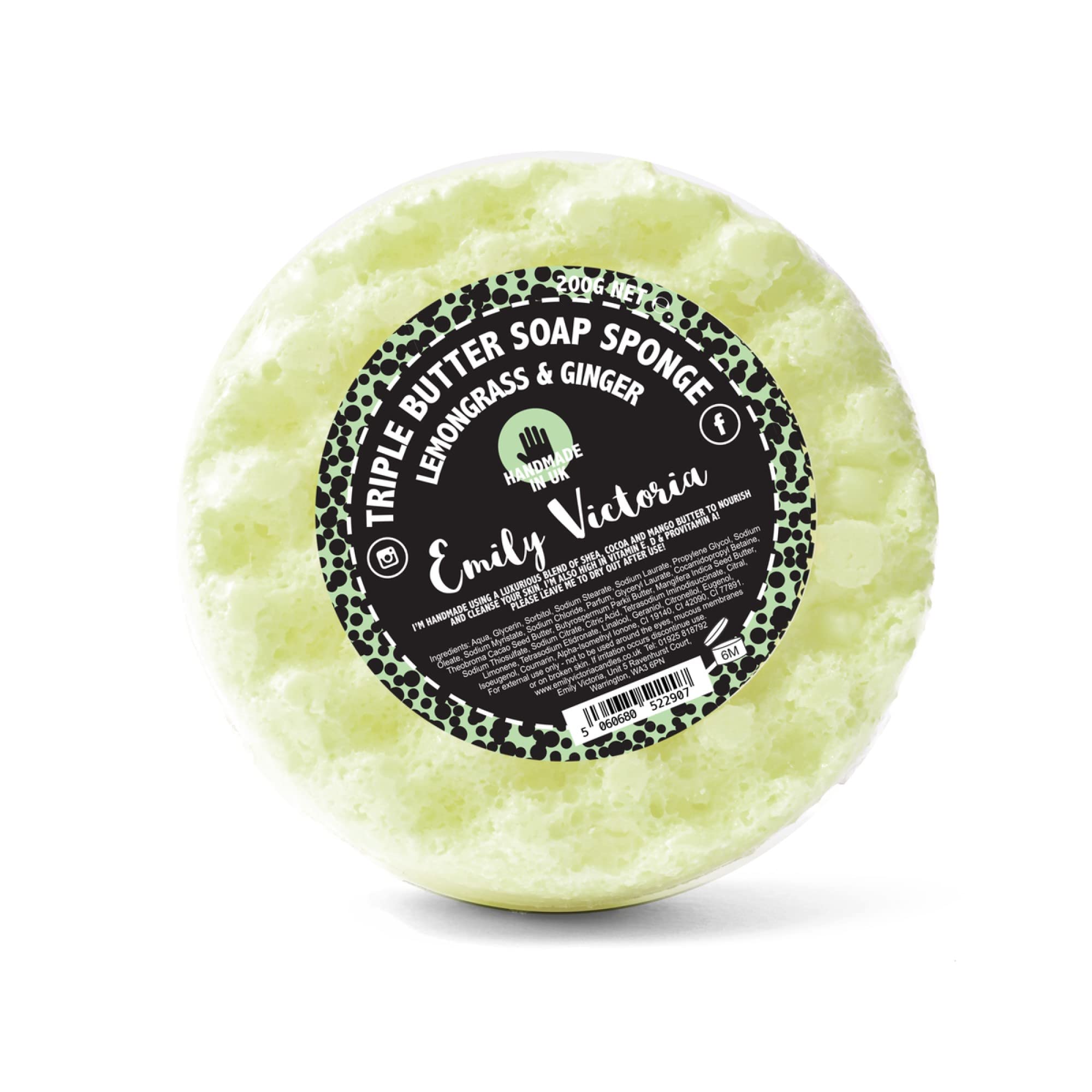 Emily Victoria Triple Butter Soap Sponge - Lemongrass & Ginger Exotic & Citrus Scent 200g