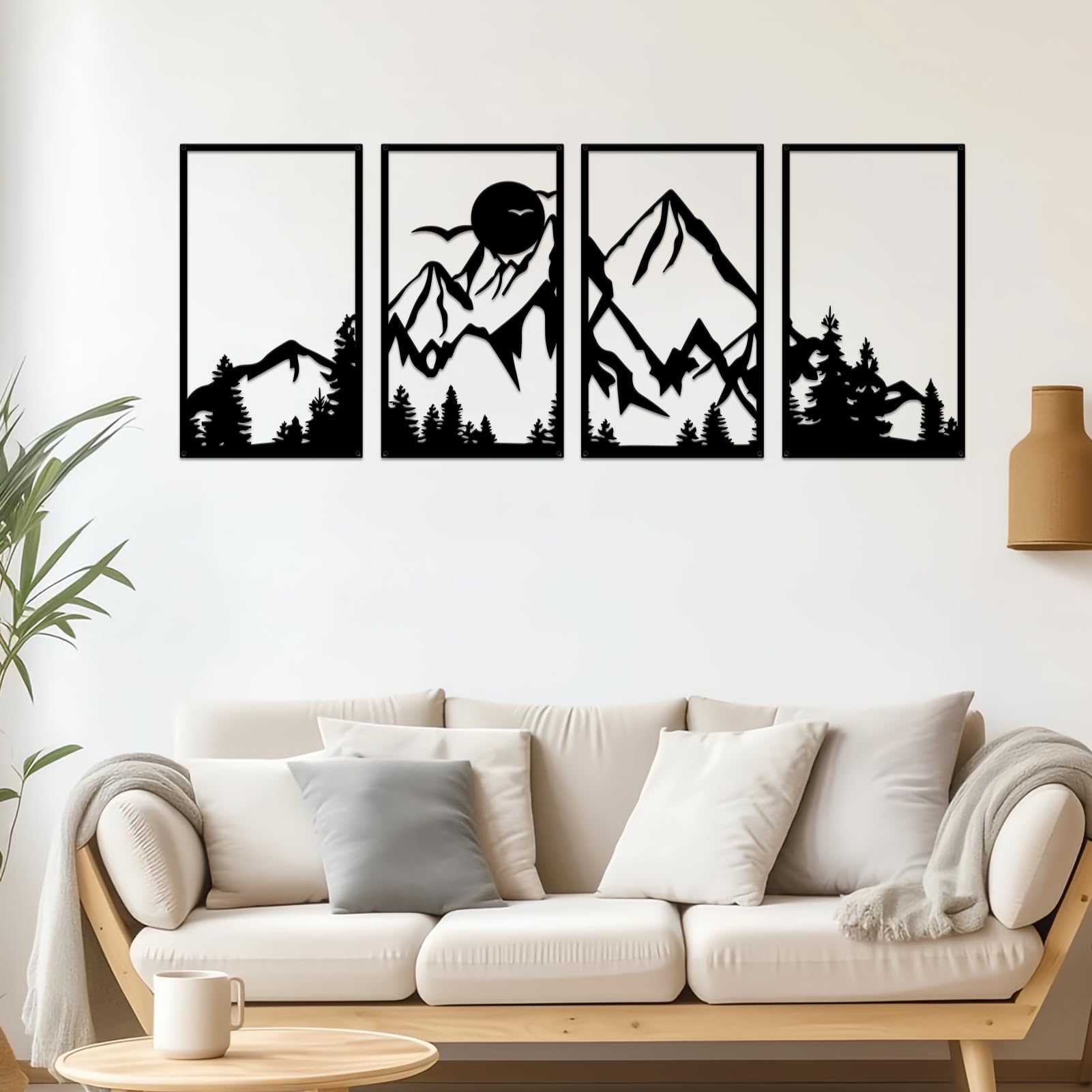ESTART 4 Pcs Mountain Range Metal Wall Art Decor Summit Metal Wall Sign Rustic Wall Art Mountain Wall Decor Forest Wall Decor Art Hanging for Home Living Room Bedroom Office, 45.3 x 17 Inch