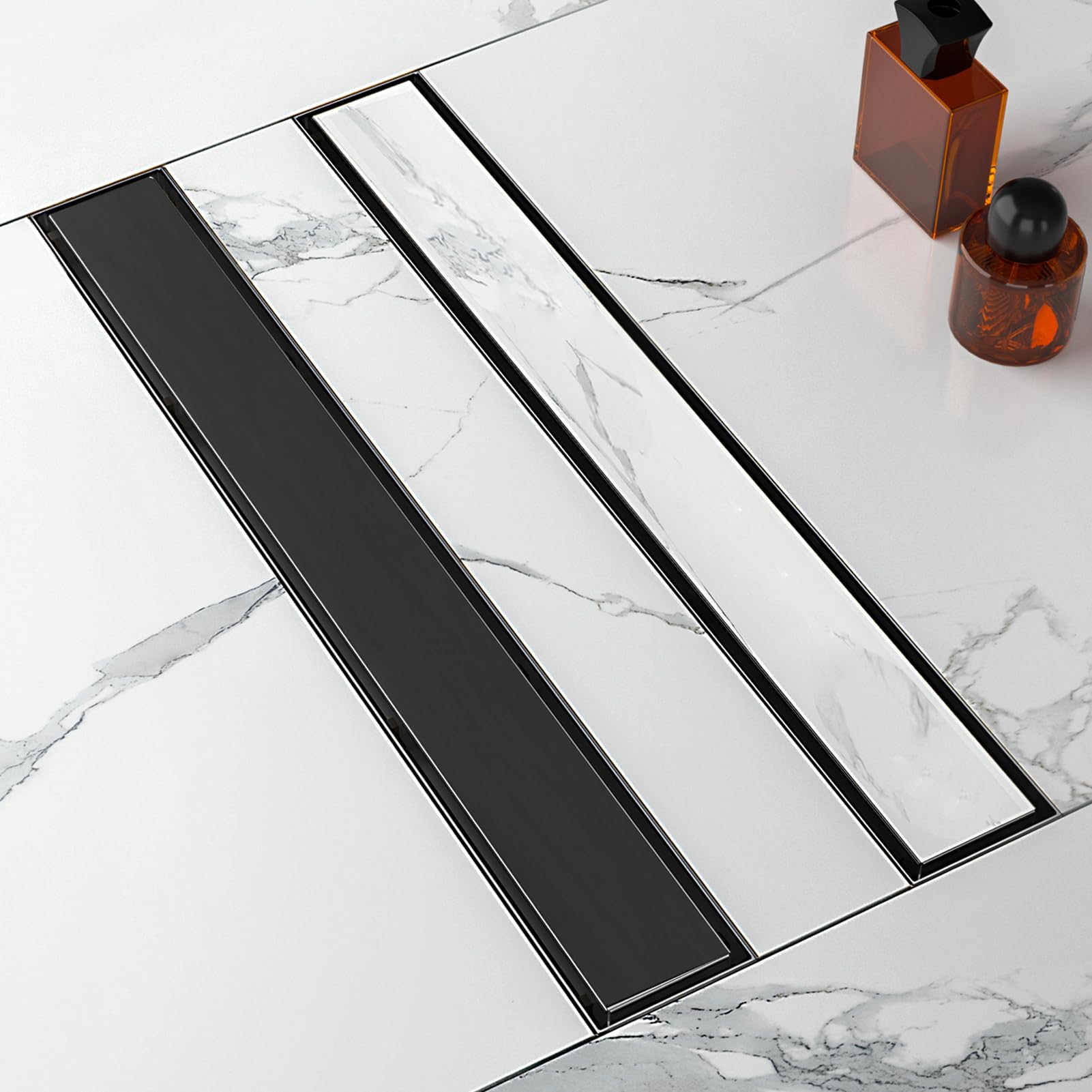 Photo 1 of 24-Inch Linear Shower Drain with Tile Insert Grate, SUS 304 Stainless Steel Linear Drain, Matte Black Long Rectangle Shower Floor Drain with Leveling Feet, Hair Strainer, Fits Bathroom