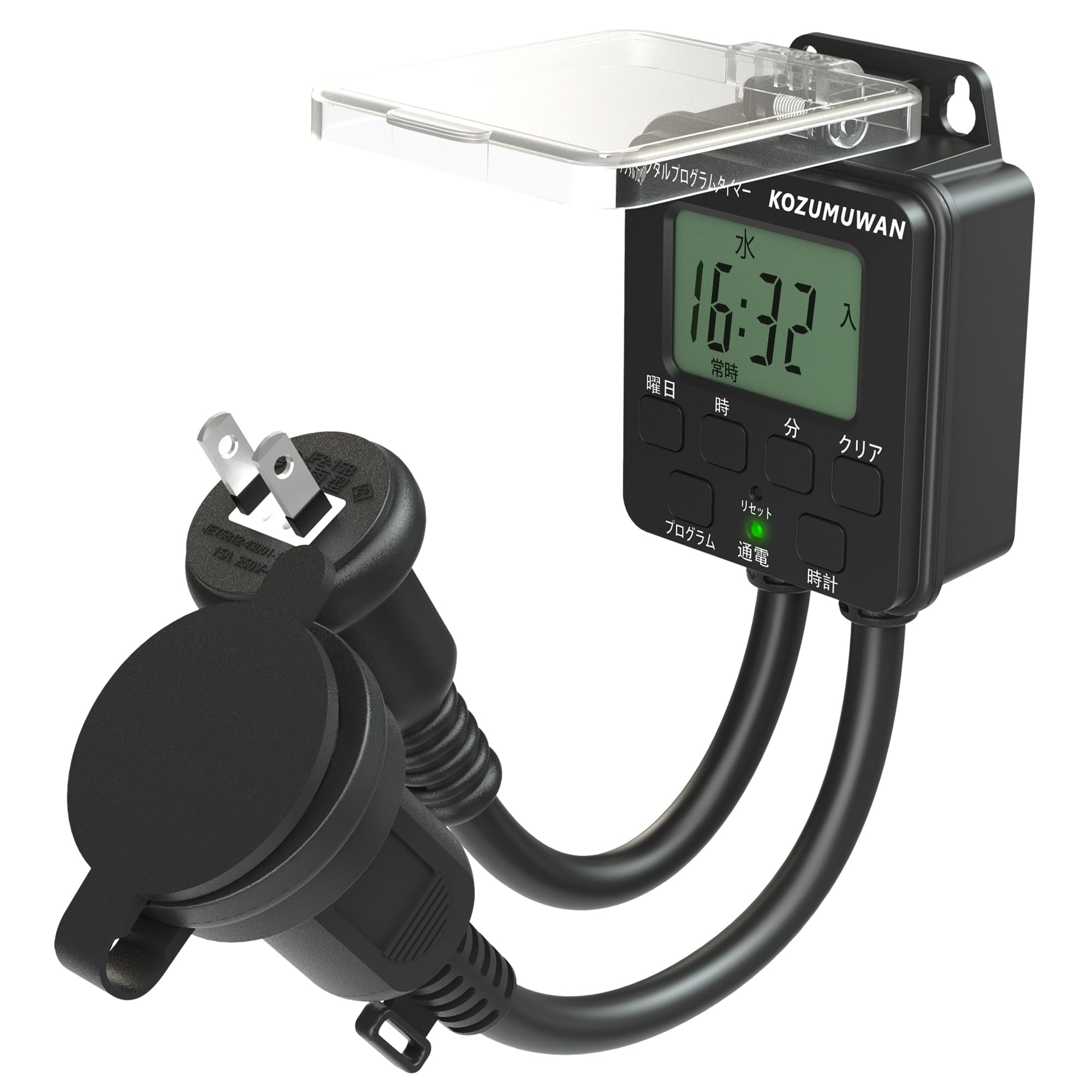 Sibling Outlet Timer, Rainproof, For Outdoor, Digital LCD Display, Large Screen, Easy Digital Timer, Program Mode, Time Setting, Digital Button, Outlet, Rainproof Cap, Round Plug, Transparent Cover,