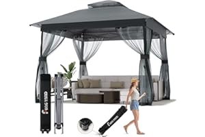 FUNG YARD Outdoor Pop Up Gazebo 10x10 - Instant Canopy Tent with Mosquito Nettings, Double Roof Vented Gazebos Tents Shelter for Backyard Shade Party Garden Lawns (Gray, 10x10)