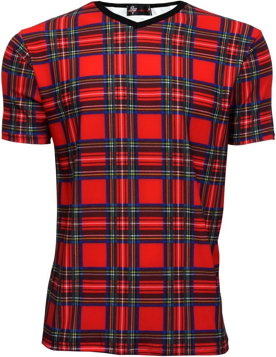 Red Tartan Classic Punk Printed Mens V Neck T-Shirt