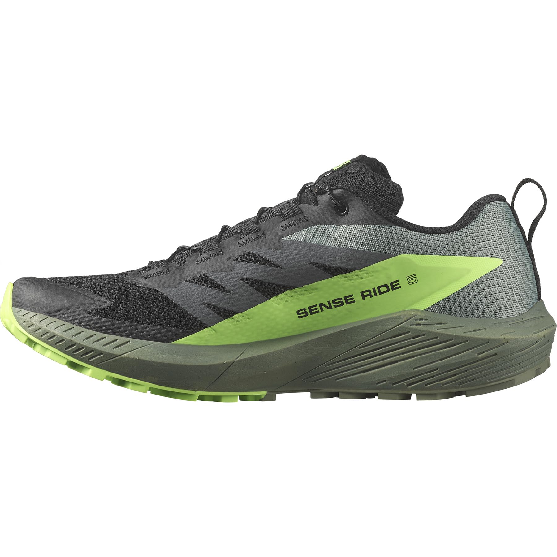 Photo 1 of ***dirty***used***Salomon Men’s Sense Ride 5 Trail Running Shoes - Black / Laurel Wreath / Green Gecko - 8.5