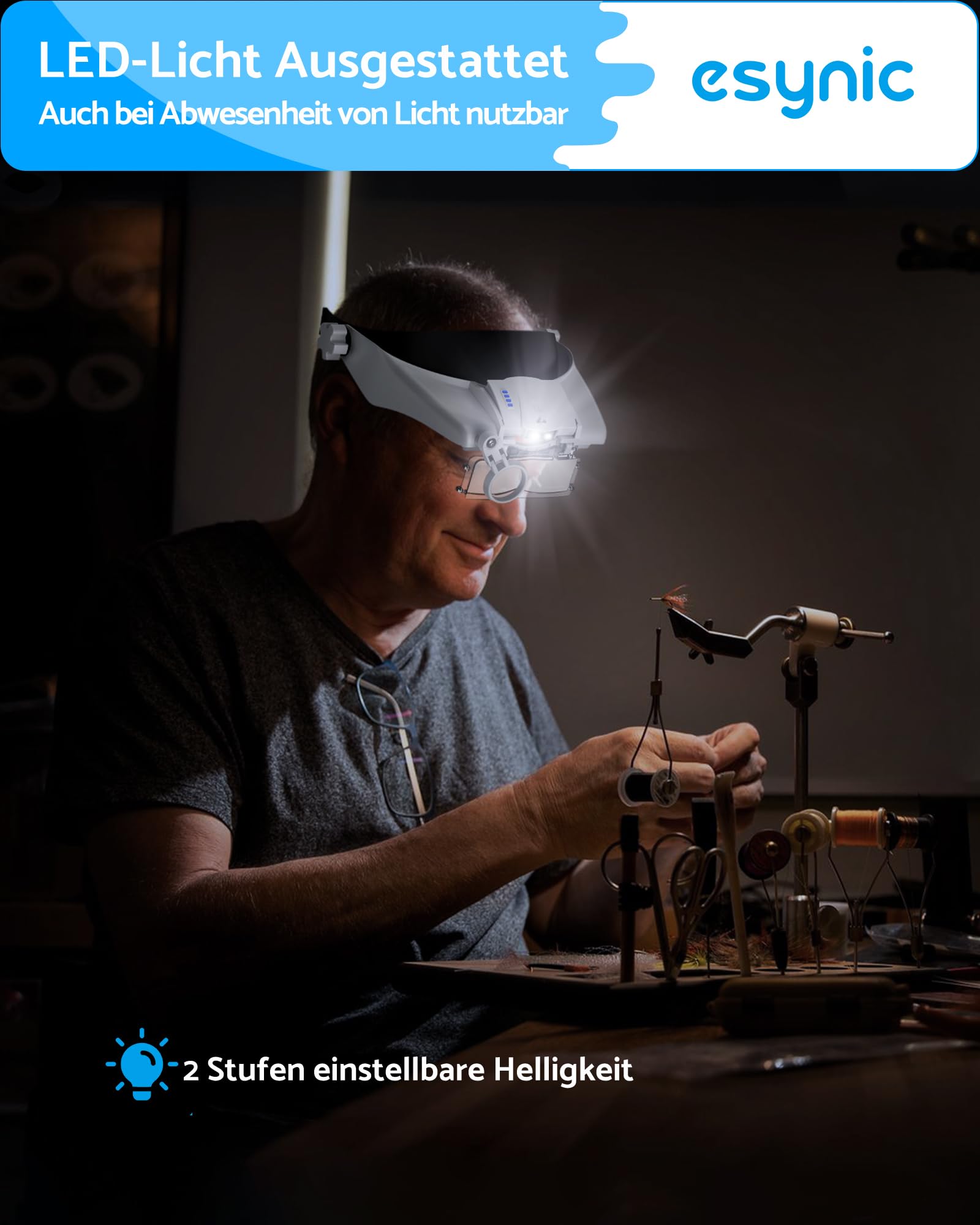 eSynic Kopfbandlupe Kopf Lupenbrille Lupenbrille Headset mit 2-Stufen LED-Licht Upgrade-Kopf Lupe 5 Linsen 8X Lupe Freihändige Aufladbar mit Batterieanzeige für Basteln Lesen Naharbeit 5