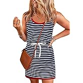 Yousify Womens Summer Sleeveless Striped Dress Drawstring Waist Casual Tank Mini Dresses with Pockets