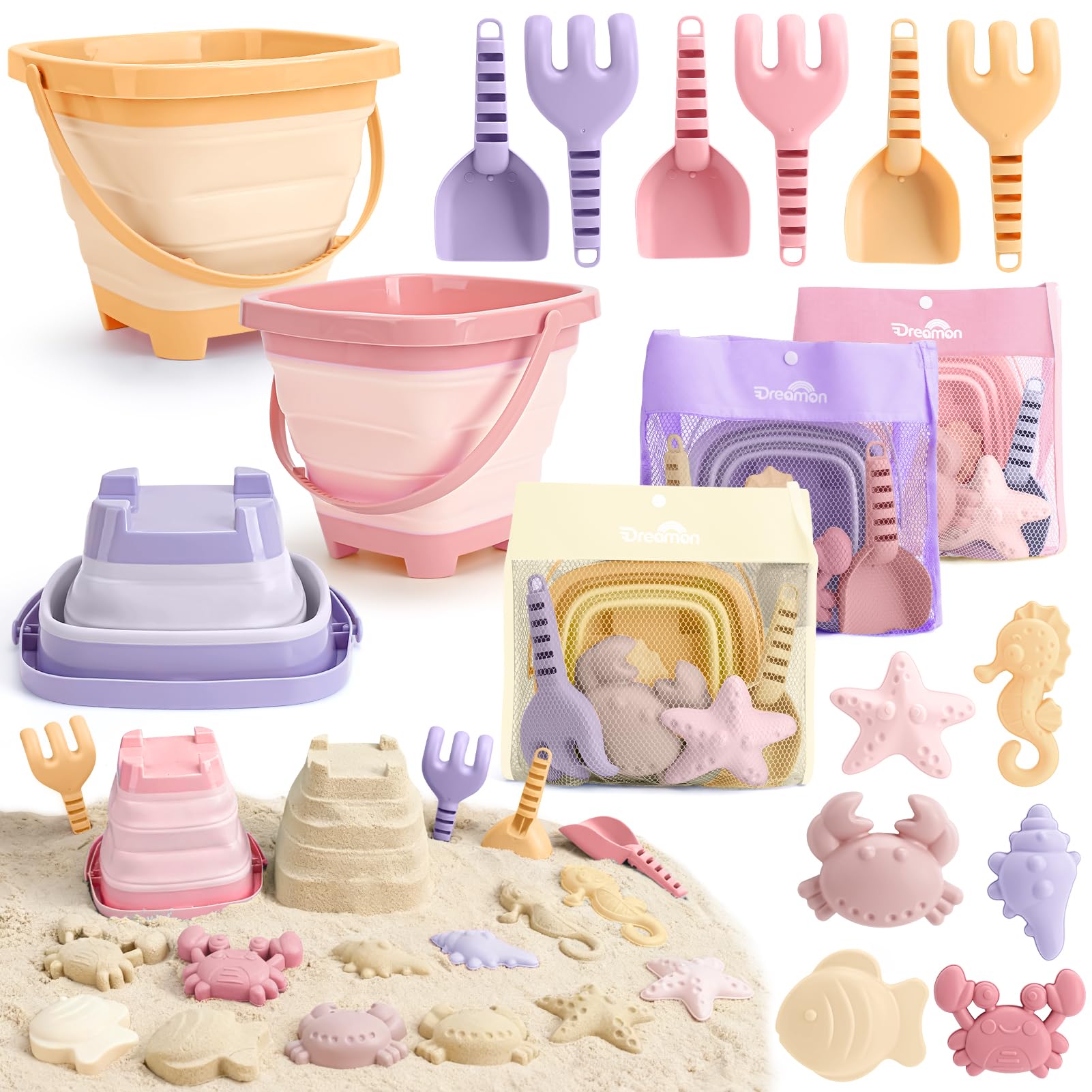 Dreamon Beach Sand Toys for Kids 18PCS Bucket and Spade Collapsible, Sand Toys for Sand Pit with Shovels and Animal Soft Sand Molds, Outdoor Toys for Children Toddles Age 3 4 5 (Pink) — image 1
