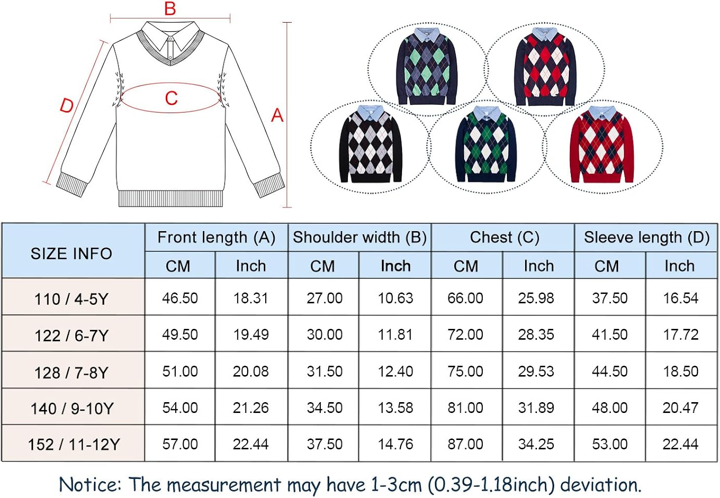 Benito & Benita Boys Argyle Sweater V-Neck Shirt Collar Cotton Plaid Pullover School Uniforms: Clothing