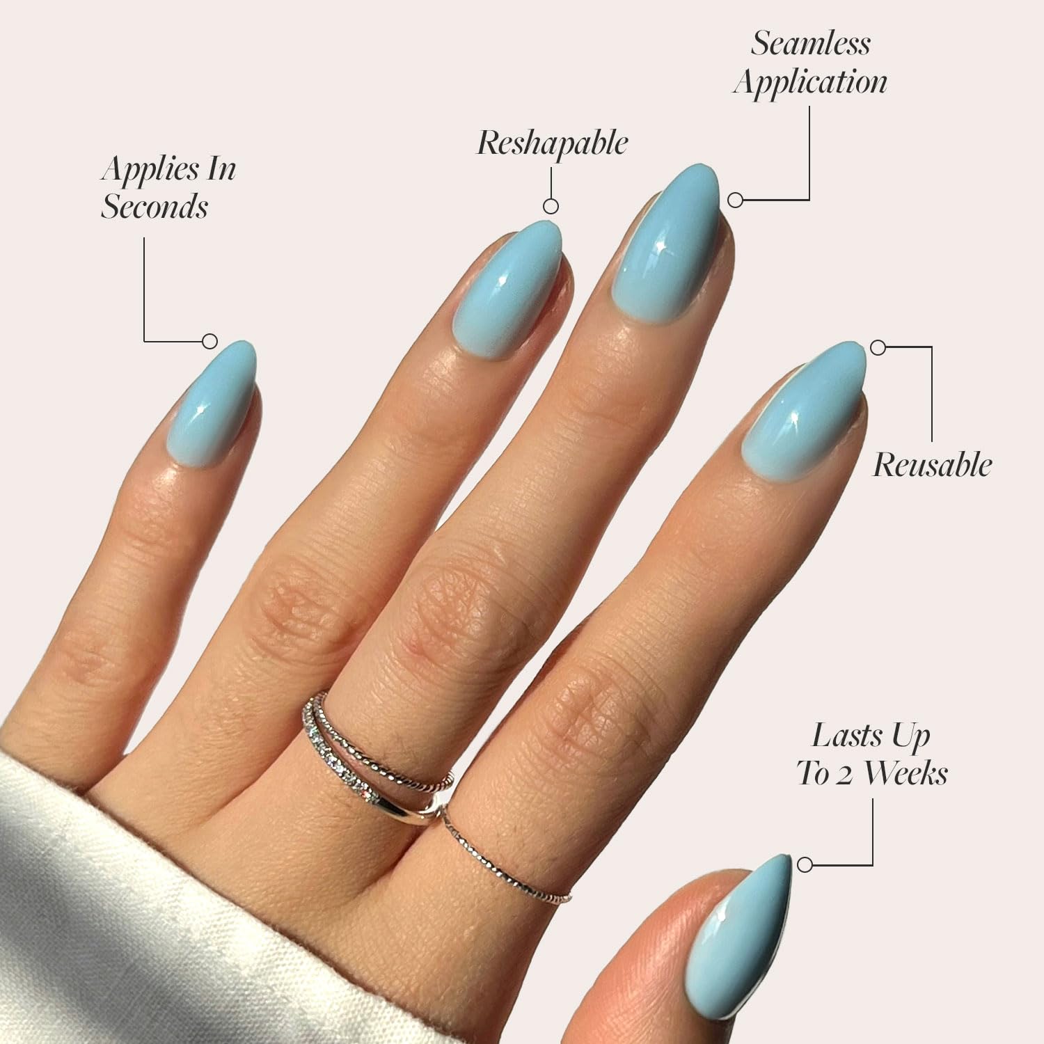 Glamnetic Press On Nails - Soft Blue | Short Almond Light Blue Fake Nails with Glossy Finish, Reusable Spring Nails | 15 Sizes - 30 Nail Kit with Glue - Image 3
