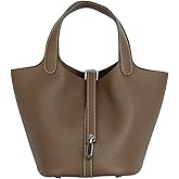 Lafillmiss Genuine Leather Bucket Bag for Women Handheld tote bag with metal clasp, bohemian-style market tote bag
