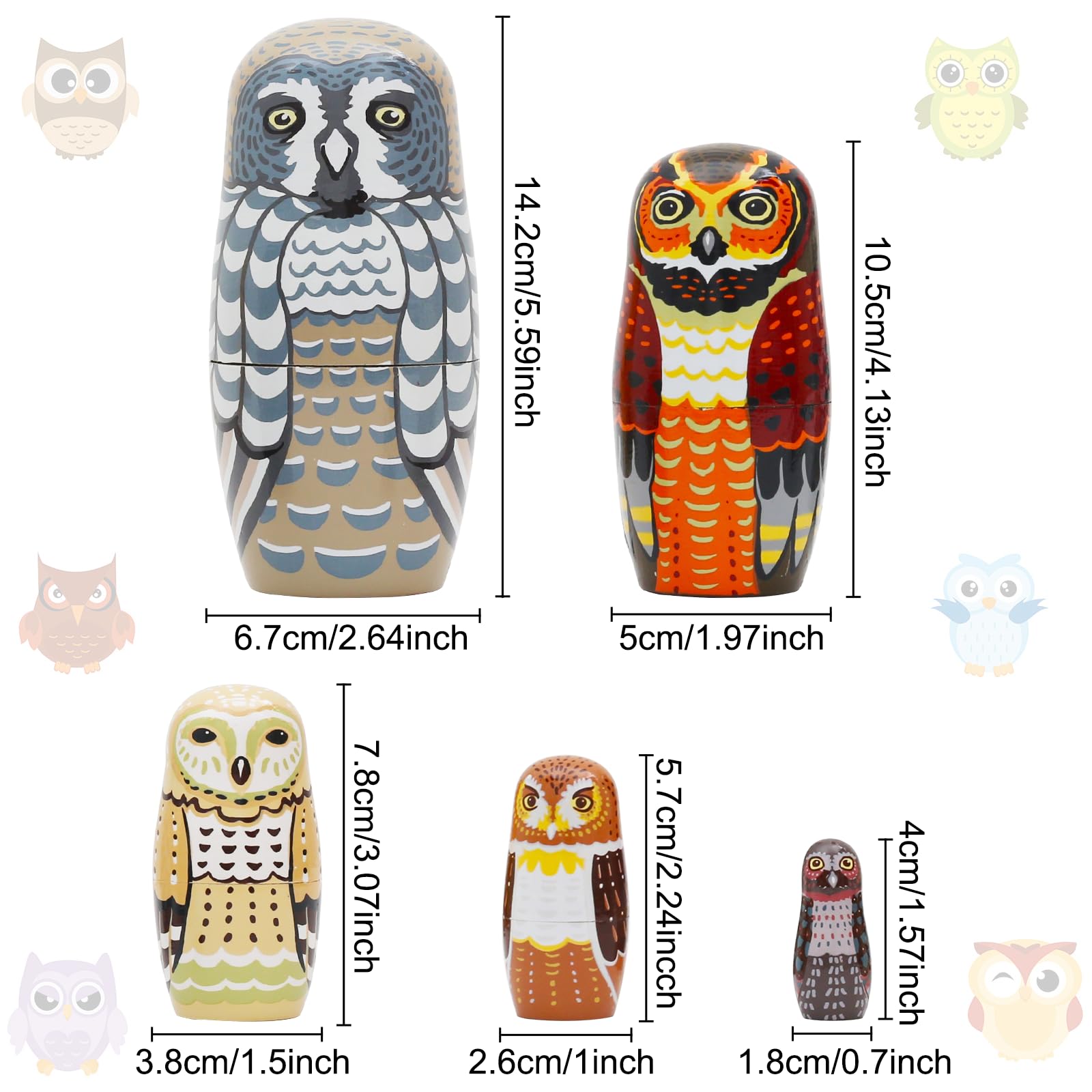 Set of 5 Owl Family Nesting Dolls Forest Animals Nesting Dolls Matryoshka Russian Doll Figurines Kids Stacking Dolls for Father's Day Christmas Birthday Owl Lover Home Decoration