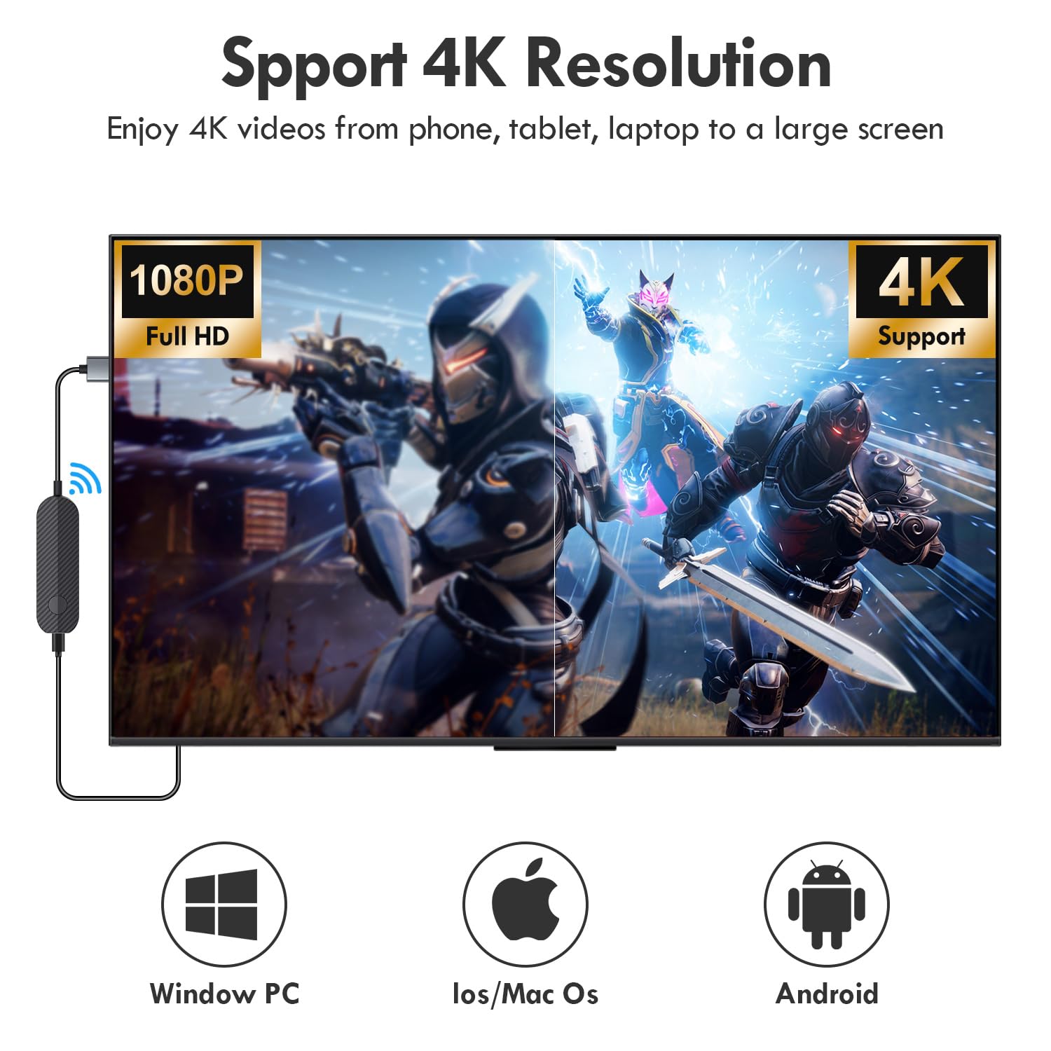 4K 1080P Wireless HDMI Display Adapter, WiFi Streaming Movies, Shows Receiver for i-Phone, i-Pad, Android, Tablet, Laptop, Window to HDTV/Monitor/Projector, Compatible Miracast, Air Play, DLNA