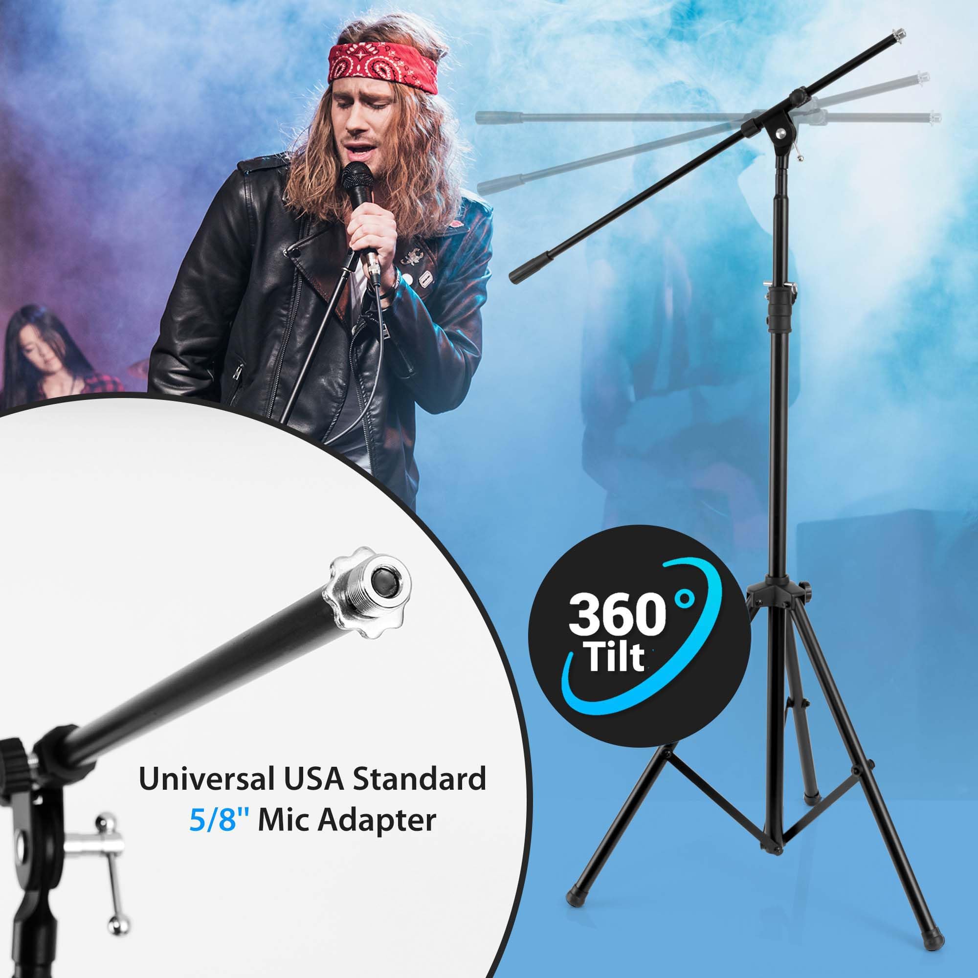 Pyle Adjustable Tripod Microphone Boom Stand - Pair of Universal Heavy Duty Lightweight Professional Compact Stage Studio Floor Standing Boom Mic Tripod Holder w/ Standard 5/8