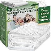 Bamboo Rayon Mattress Protector with Zipper + 2 Pillow Protectors - 100% Waterproof Cooling Queen Size Cover - Ultra Soft Fabric Breathable Noiseless Mattress Pad Covers Zippered Encasement