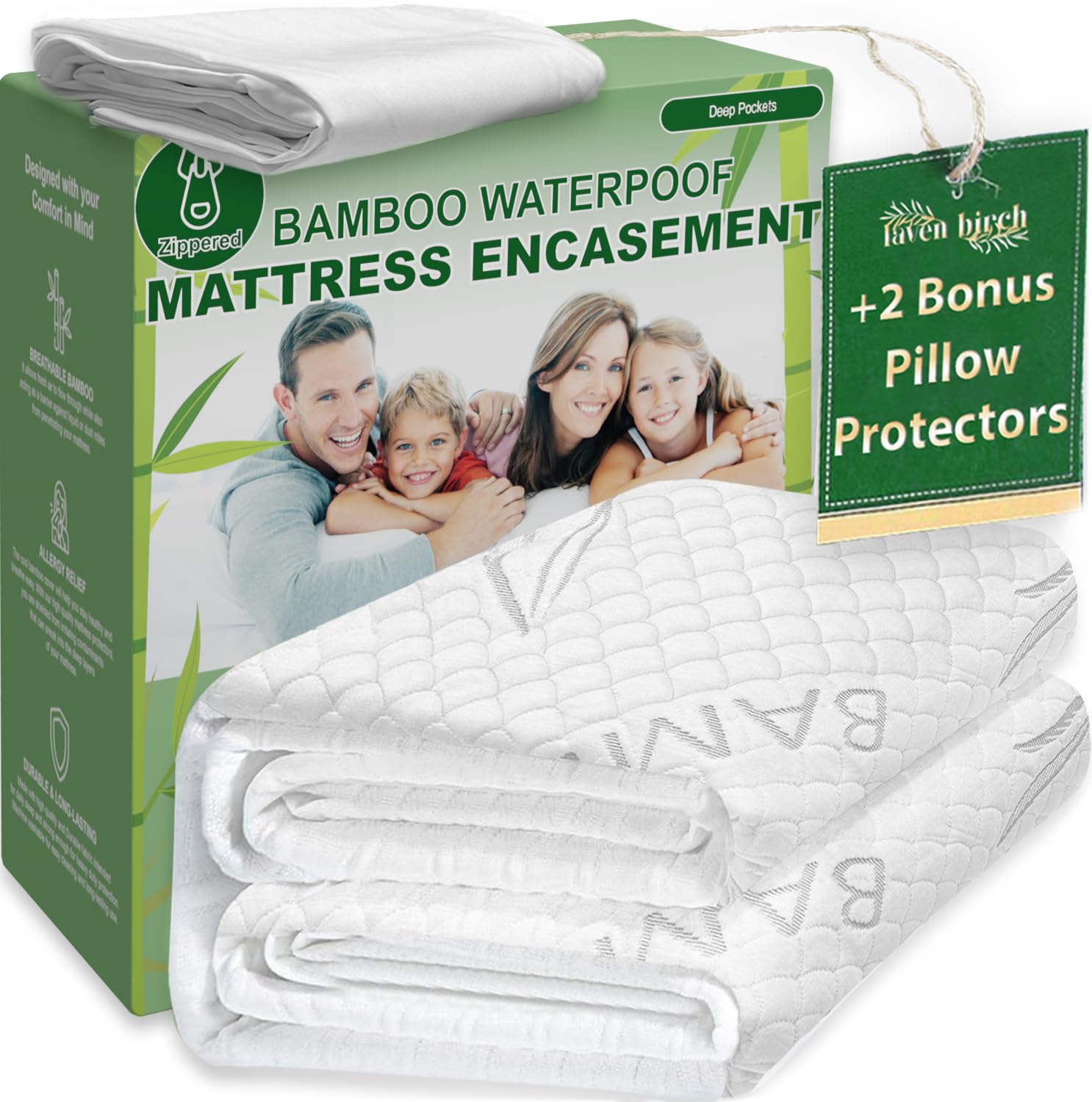 Photo 1 of Bamboo Rayon Mattress Protector with Zipper + 2 Pillow Protectors - 100% Waterproof Cooling King Size Cover - Ultra Soft Fabric Breathable Noiseless Mattress Pad Covers Zippered Encasement
