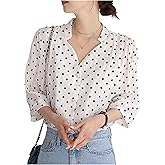 Milumia Women's Polka Dots V Neck Ruched Long Sleeve Button Front Dressy Shirt Elegan Work Blouses