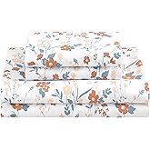Softan Floral Twin Size Sheet Set, Orange Flower Printed Bed Sheets for Girls, 3-Piece Microfiber Single Fitted Sheet with 15" Deep Pocket & Non-Slip Straps, Patterned Bedding Sheets & Pillowcase Set