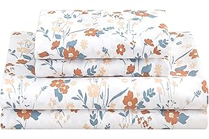 Softan Floral Queen Sheet Set Orange Flower Bed Sheets Queen Printed Sheets Queen - 4 Piece Soft Microfiber Patterned Fitted Sheets Queen with 15" Deep Pocket