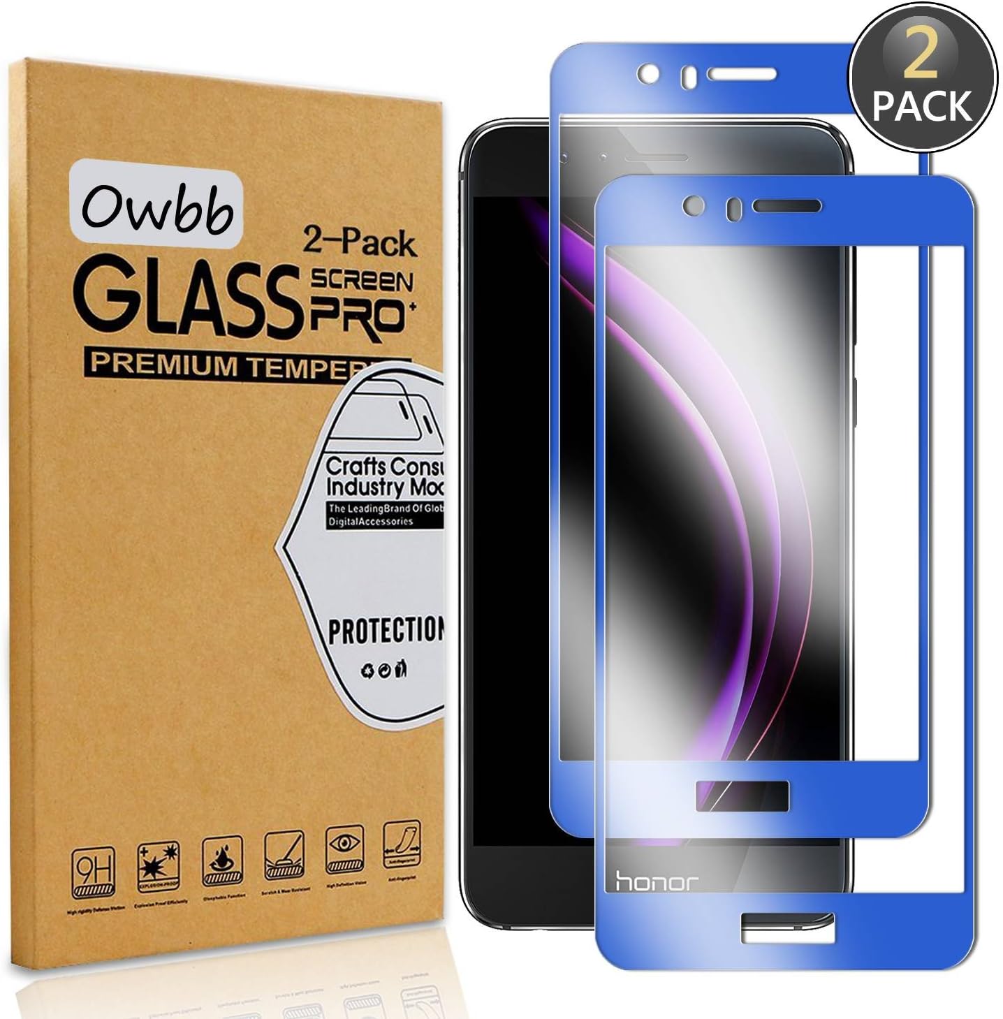 Owbb [2 Pack] Tempered Glass Screen Protector For Honor 8 Smartphone Navy Blue Full Coverage Film 99% Hardness High Transparent Explosion-proof