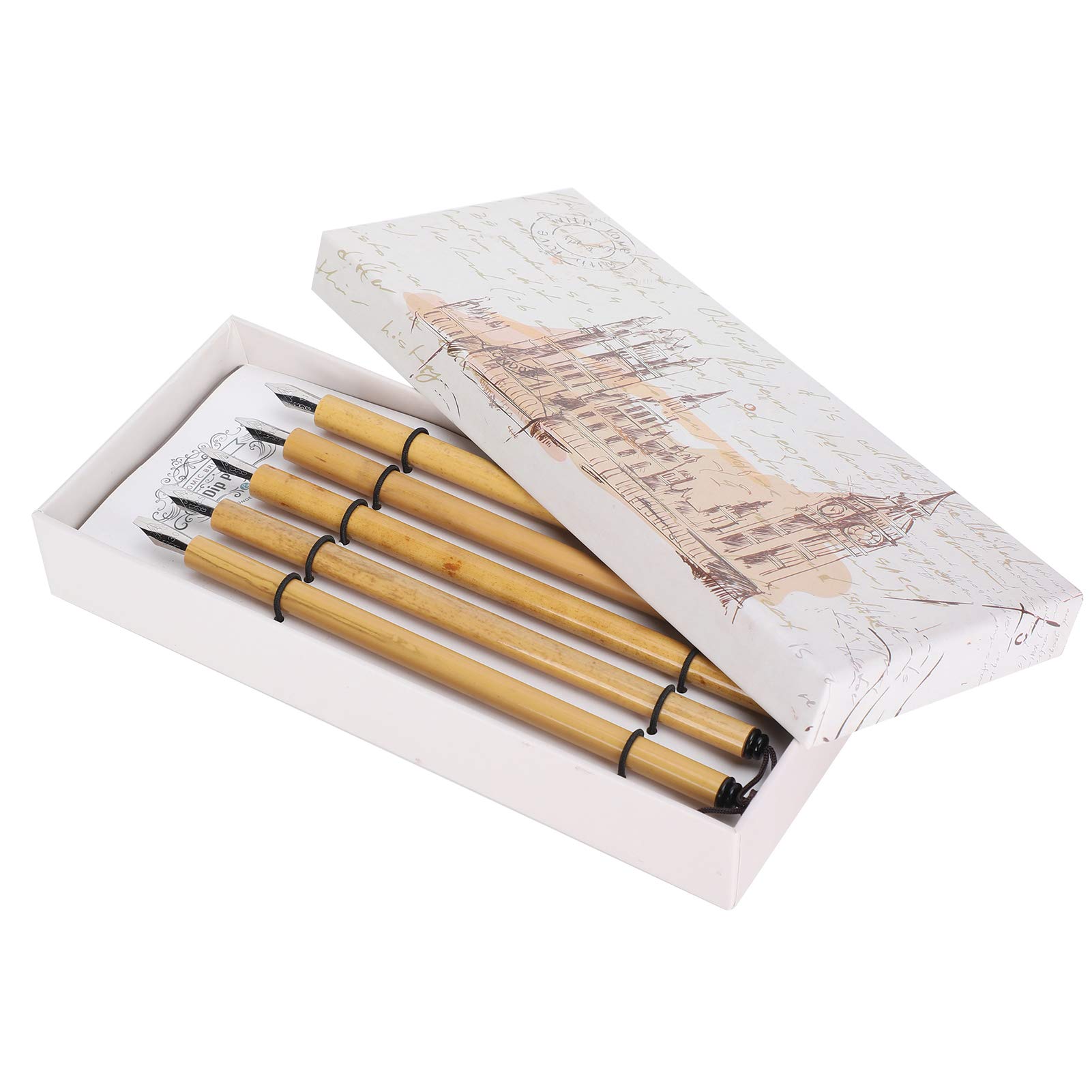 Wooden Dip Pen Set, 5Pcs Calligraphy Dip Pens Handler Artist Pen Drawing Painting Kit for Manga Comic Calligraphy Word Art(Flat Nib)