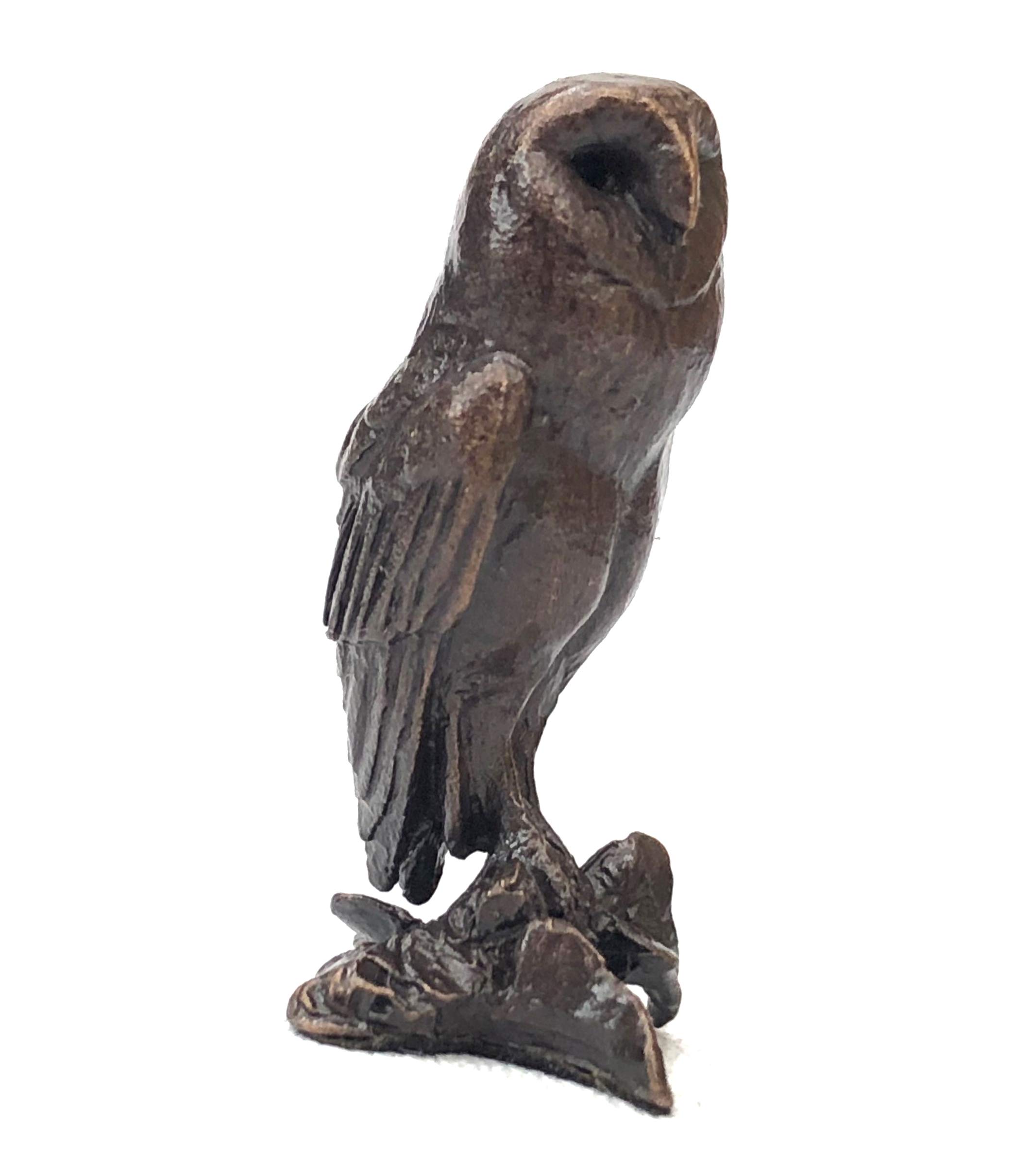 Richard Cooper & Company Solid Bronze Miniature Barn Owl, Rich Brown Chestnut Patina, 1.7 x 2.1 x 3.3 cm